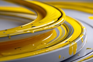 Poster - Bright yellow paint swirls creating an abstract pattern on a smooth surface in artistic studio environment