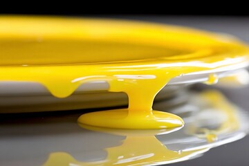 Poster - Bright yellow paint dripping from a circular plate against a smooth surface, showcasing fluid texture and vibrant color in natural light