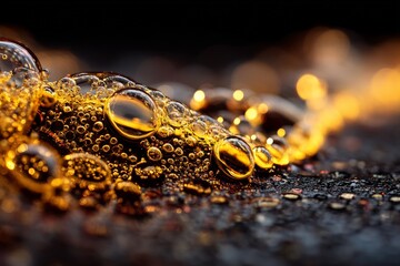 Aufkleber - Bubbles and golden liquid flow on dark surface, showcasing a captivating natural phenomenon in close-up view
