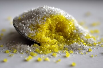Poster - Fine textures of sugar crystals with vibrant yellow granules captured in macro detail in a kitchen setting