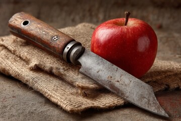 Poster - Rustic kitchen setting featuring a vintage knife and a fresh red apple on burlap fabric