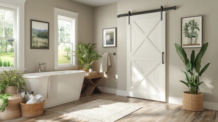 Poster - Clean-lined white and gray barn door on track, neutral home decor setting