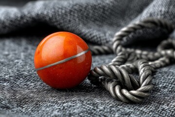 Poster - Red marble ball resting on a gray fabric with a twisted metal chain nearby creating an intriguing contrast