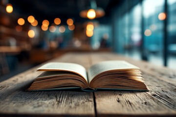 Poster - Open book rests on wooden table in cozy cafe illuminated by warm ambient lights in a bustling urban setting