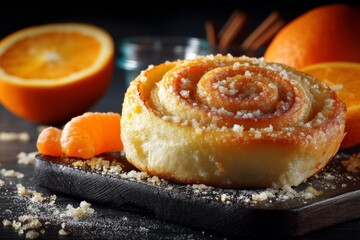 Poster - Warm orange cinnamon roll with citrus slices displayed on a dark surface during morning breakfast preparations