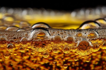 Poster - Bubbles rise in a golden beverage captured in close-up, highlighting carbonation and texture