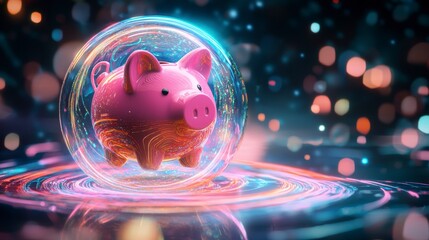 Aufkleber - Pink piggy bank inside glowing sphere, digital art.
