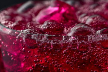 Poster - Bubbles rise in a refreshing red beverage filled with ice cubes in a close-up setting