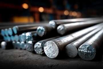 Leinwandbilder - Metal rods stacked in a warehouse showcasing industrial strength and craftsmanship under low light conditions