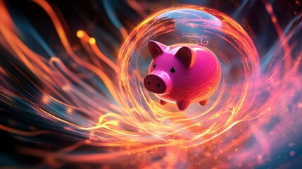 Poster - Pink piggy bank inside a fiery, swirling protective sphere.