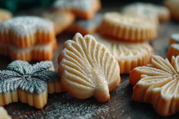 Poster - Delicate cookies shaped like leaves and flowers dusted with powdered sugar on a wooden table