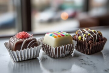 Poster - Tempting handmade chocolates arranged on a table with a blurred background of a cozy confectionery shop