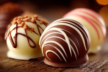 Aufkleber - Delicious chocolate truffles on a rustic wooden surface showcasing exquisite details and textures