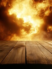 Poster - Dramatic sky with fiery clouds above a rustic wooden table top perspective shot background element