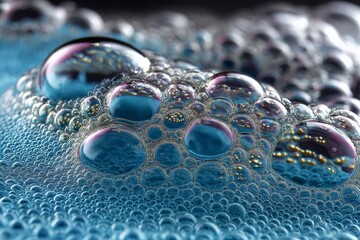 Poster - Bubbles form intricate patterns on a vibrant blue surface, showcasing reflections and textures in a captivating way