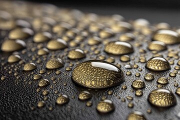 Leinwandbilder - Close-up of golden droplets resting on a textured black surface, highlighting intricate patterns and reflections from soft light