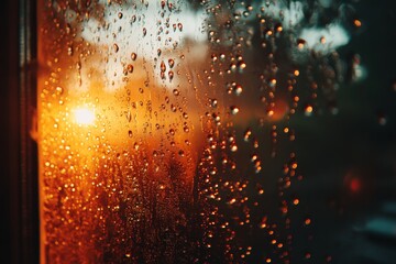 Poster - Raindrops on window create a beautiful sunset view during an early evening shower