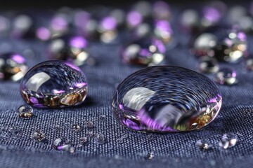 Poster - Water droplets with reflections on textured fabric in natural light during daytime