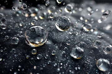 Aufkleber - Close-up view of water droplets on a dark surface in a macro photography setting