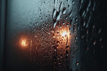 Aufkleber - Rain falls softly against a window with warm light shining through droplets creating a soothing atmosphere