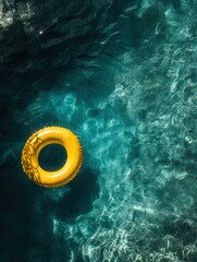 Poster - Overhead view of a yellow inflatable ring floating in a blue swimming pool with sunlight creating patterns on the water surface