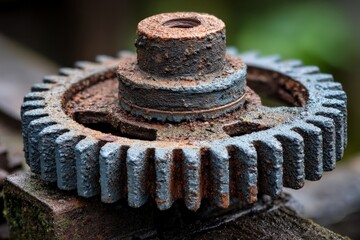 Poster - Rusty gear resting on weathered wood in a lush outdoor setting during the afternoon