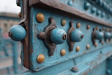 Poster - Detailed view of ornamental metalwork on a historic bridge in an urban setting showing unique textures and colors