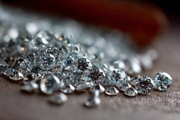 Aufkleber - Sparkling assortment of diamonds on a wooden surface with soft lighting captured in close-up during the day