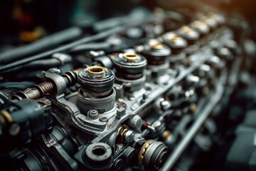 Poster - Close-up view of intricate engine components inside a vehicle during daylight, showcasing mechanical engineering precision and design