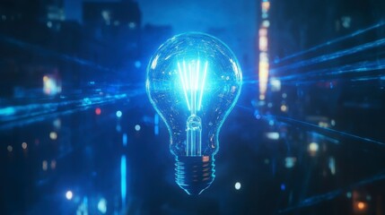 Aufkleber - Glowing lightbulb over futuristic city at night, symbolizing innovation and ideas.