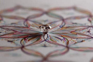Poster - Sparkling diamond resting on a colorful mandala drawing in a creative workspace setting