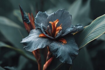 Poster - Iris flower blooms in rich blue tones with vibrant orange accents in lush greenery during early morning light