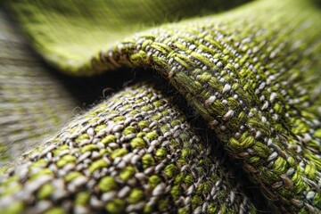 Poster - Close-up of textured green fabric showing intricate weaving patterns and natural fibers in a textile studio
