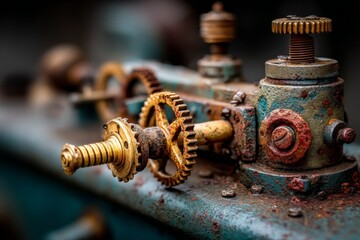 Leinwandbilder - Close up of vintage mechanical gears showcasing weathered textures and rust in an industrial setting