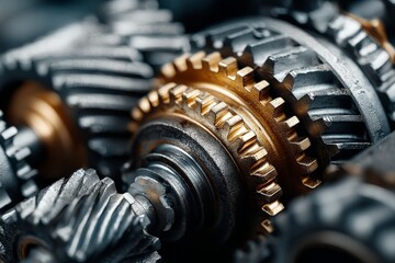 Leinwandbilder - Intricate arrangement of metallic gears showcasing technology and precision engineering in a workshop setting
