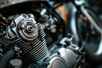 Aufkleber - Close-up of a vintage motorcycle engine showcasing intricate details and craftsmanship in a garage setting