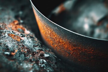 Poster - Rusty metal bowl rests on textured surface during golden hour light