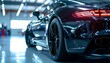 © fara - Sleek black sports car's rear view in a garage.  High-end luxury vehicle detailing.