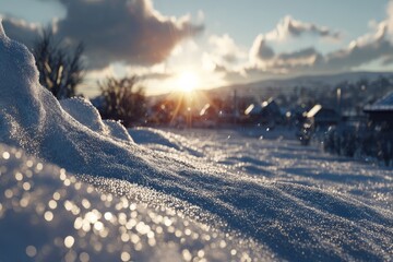Poster - Snow-covered landscape glimmers in the morning light with houses and mountains in the background