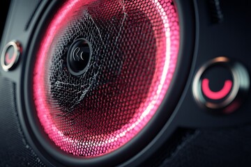 Poster - Close-up of a vibrant speaker emitting sound waves in a modern music setting at night