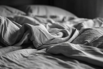 Aufkleber - Soft, crumpled bedding on a cozy bed with gentle light filtering through curtains in a serene bedroom