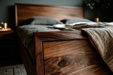 Aufkleber - Elegant wooden bed in modern bedroom with cozy bedding and soft lighting for a relaxing ambiance