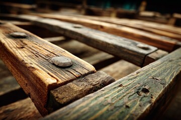 Poster - Close-up view of aged wooden pallets showcasing rustic textures and colors in natural light