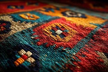 Poster - Vibrant handmade textile showcasing intricate patterns and rich colors in close-up view