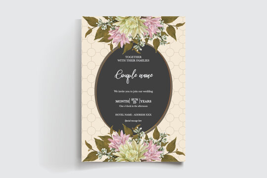 WEDDING INVITATION FRAME WITH FLOWER DECORATIONS AND FRESH LEAVES