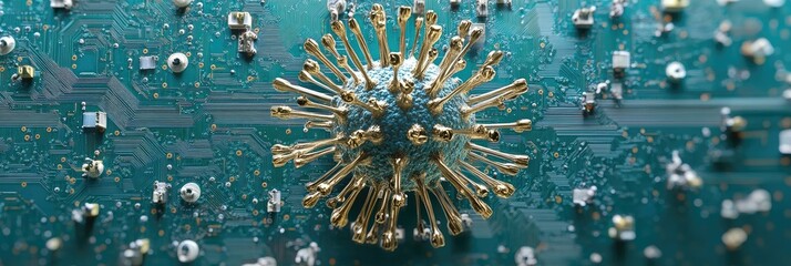 Poster - A close-up view of a vibrant virus model on a computer circuit board. illustrating the intersection of technology and biology in a futuristic digital environment
