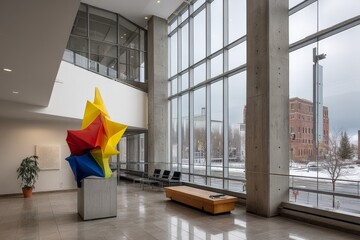 Aufkleber - Colorful sculpture adds vibrancy to modern interior of art space overlooking urban winter scene