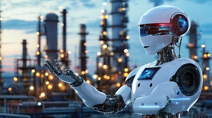 Poster - A futuristic humanoid robot stands in an industrial setting. showcasing advanced technology and intricate details. while large machinery operates in the background under a bright sky