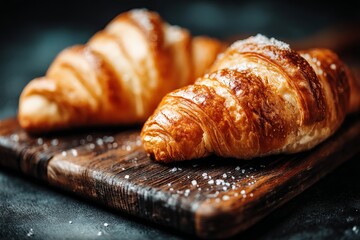 Poster - Freshly baked croissants on a wooden board with a sprinkle of sea salt