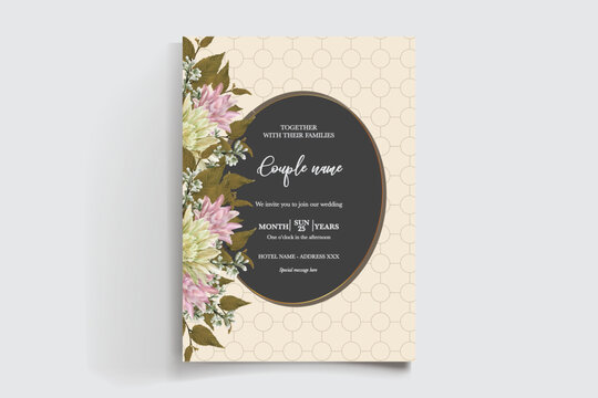 WEDDING INVITATION FRAME WITH FLOWER DECORATIONS AND FRESH LEAVES